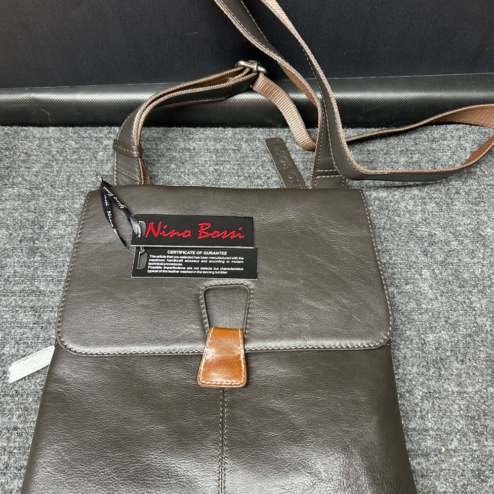 Nino Bossi Dark‎ Brown Leather Crossbody with Tan Tab